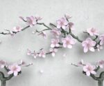 3D floral wallpaper mural featuring soft pink cherry blossom flowers and tree branches on a light grey background in a modern kids room setting.