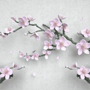 3D floral wallpaper mural featuring soft pink cherry blossom flowers and tree branches on a light grey background in a modern kids room setting.