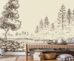 Abstract trees and river wallpaper mural in beige tones with hand-drawn landscape illustration behind a modern wooden bed.