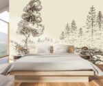 Abstract trees and river wallpaper mural in beige tones with hand-drawn landscape illustration behind a modern wooden bed.