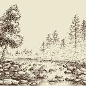 Abstract trees and river wallpaper mural in beige tones with hand-drawn landscape illustration behind a modern wooden bed.