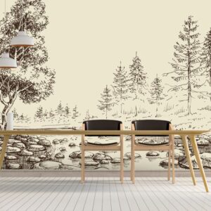 Abstract trees and river wallpaper mural in beige tones with hand-drawn landscape illustration behind a modern wooden bed.
