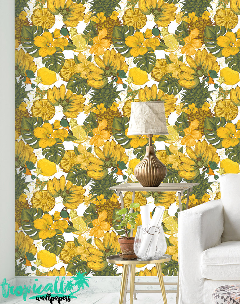 Banana Fruit Wallpaper: Floral Bird Print, Wall Decal Banana Fruit Wallpaper: Floral Bird Print, Wall Decal - Image 1