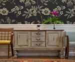 Black floral wallpaper with modern botanical design for elegant living room interiors