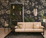 Black floral wallpaper with modern botanical design for elegant living room interiors