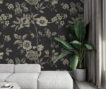 Black floral wallpaper with modern botanical design for elegant living room interiors