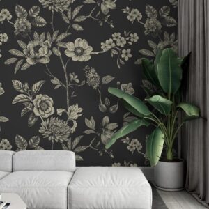 Black floral wallpaper with modern botanical design for elegant living room interiors
