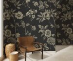 Black floral wallpaper with modern botanical design for elegant living room interiors