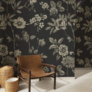 Black floral wallpaper with modern botanical design for elegant living room interiors