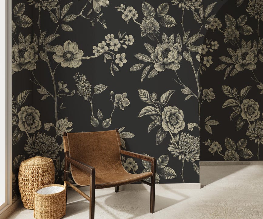 Black Floral Wallpaper Modern Botanical Wall Mural Black floral wallpaper with modern botanical design for elegant living room interiors