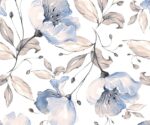 Blue floral wallpaper mural with soft watercolor flowers and beige leaves on light background