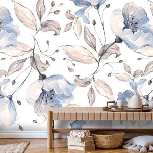 Blue floral wallpaper mural with soft watercolor flowers and beige leaves on light background