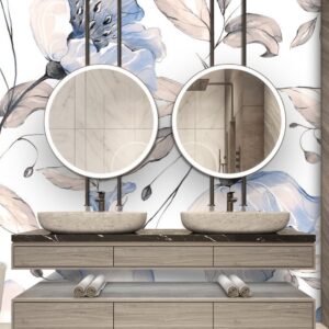 Blue floral wallpaper mural with soft watercolor flowers and beige leaves on light background