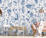 Blue Floral  Wallpaper Botanical Watercolor Wall Mural