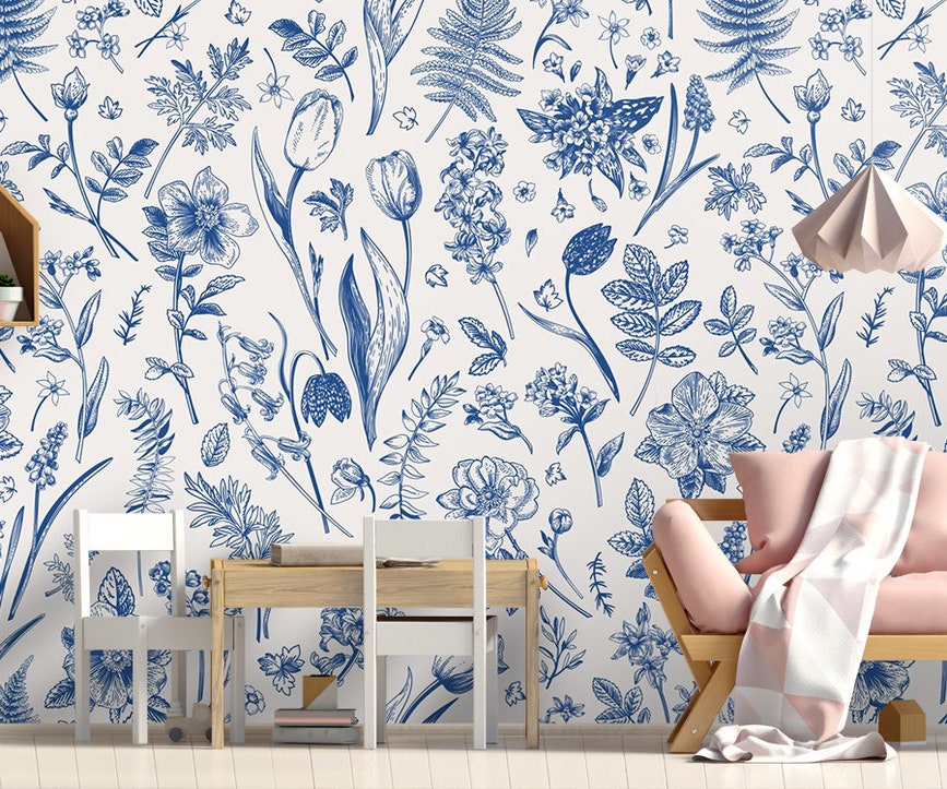 Blue Floral Wallpaper Botanical Watercolor Wall Mural Blue Floral Wallpaper Botanical Watercolor Wall Mural - Image 1