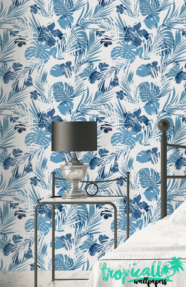Blue Jungle Leaves Wallpaper: Wall Decal Blue Jungle Leaves Wallpaper: Wall Decal - Image 1