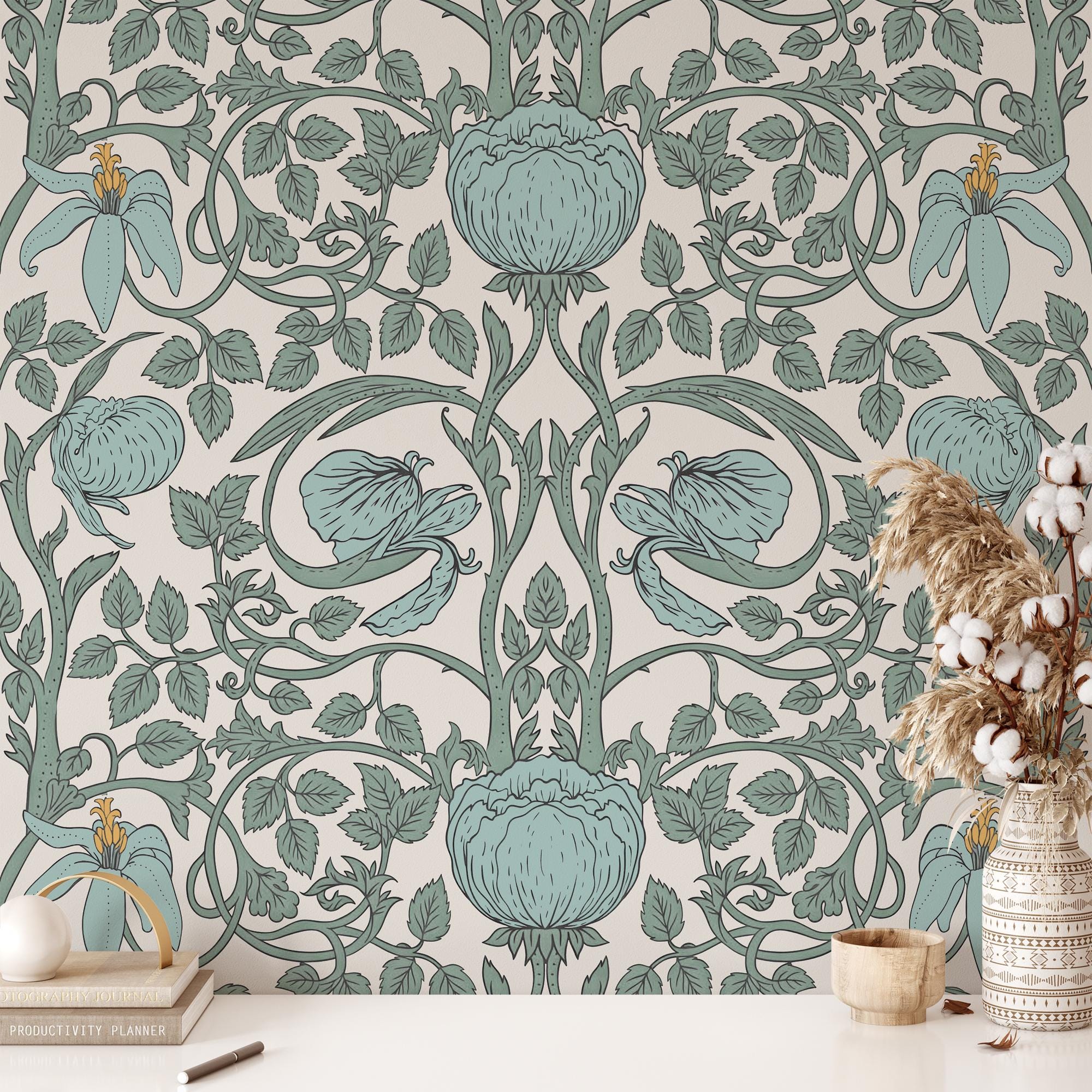Blue Pastel Art Nouveau Wallpaper Removable Floral Home Decor Wall Covering Blue Pastel Art Nouveau Wallpaper: Removable Floral Home Decor Wall Covering - Image 1
