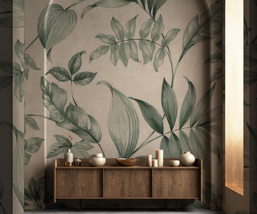 Tropical Leaf Wallpaper – Soft Botanical Wall Design for Bedrooms Vintage Leaf Wallpaper ? Retro Botanical Wall Mural ? Floral Green & - Image 1
