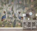 Chinoiserie blue and gold wallpaper mural featuring Japanese cranes in an elegant luxury interior setting