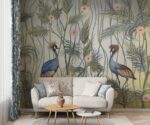 Chinoiserie blue and gold wallpaper mural featuring Japanese cranes in an elegant luxury interior setting