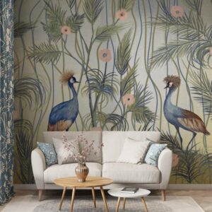 Chinoiserie blue and gold wallpaper mural featuring Japanese cranes in an elegant luxury interior setting