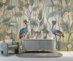 Chinoiserie blue and gold wallpaper mural featuring Japanese cranes in an elegant luxury interior setting