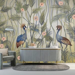 Chinoiserie blue and gold wallpaper mural featuring Japanese cranes in an elegant luxury interior setting
