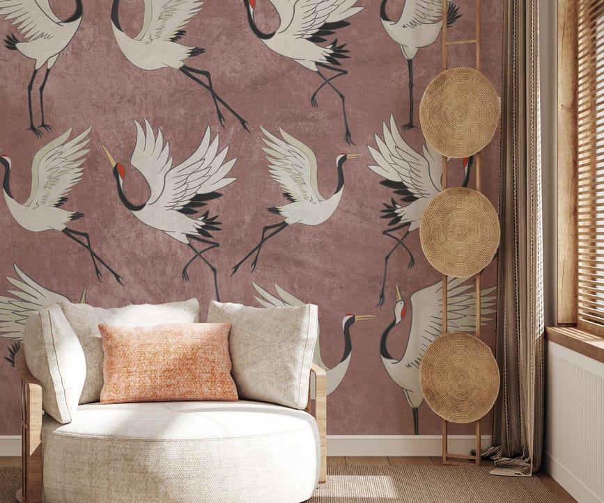 Chinoiserie Crane Birds Wallpaper Vintage Asian Floral Mural Chinoiserie Crane Birds Wallpaper Vintage Asian Floral Mural - Image 1