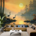 Chinoiserie Wallpaper Mural, Chinese Crane Bird Wallpaper