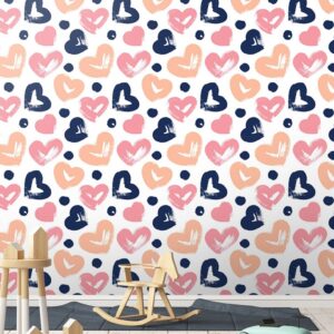 Colorful hearts wallpaper kids nursery mural featuring hand-painted brushstroke hearts in navy blue, peach, and pink with dark blue polka dots.