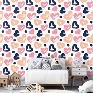 Colorful hearts wallpaper kids nursery mural featuring hand-painted brushstroke hearts in navy blue, peach, and pink with dark blue polka dots.