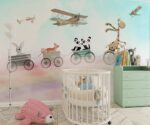Rainbow Kids Wallpaper Mural Animal Train Airplane Design