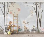 Fox riding a bike  Sweet moon  Child room wallpaper