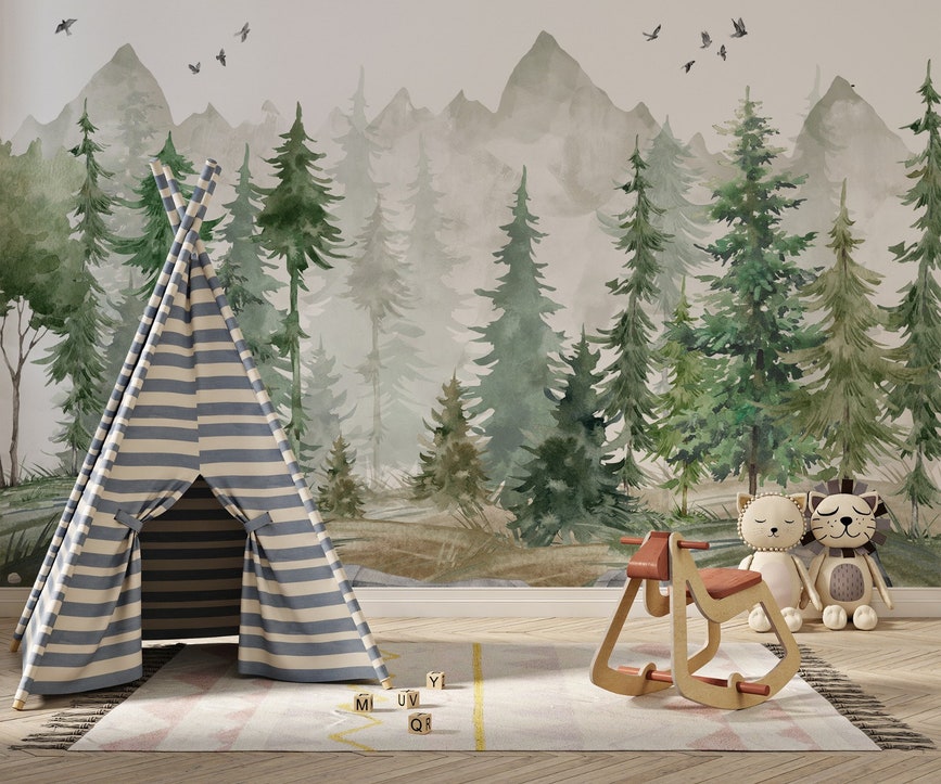 Misty Forest Mountain Wallpaper Mural – Luxury Nature Wall Art for Modern Interiors Kids Wallpaper Mountain and Trees - Image 1