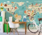 Kids World Map Wallpaper  Animal Design Nursery Decor