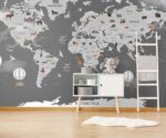 Animal World Map Wallpaper Black  Nursery Mural - Image 4