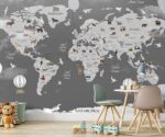 Animal World Map Wallpaper Black  Nursery Mural - Image 3