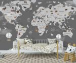 Animal World Map Wallpaper Black  Nursery Mural - Image 2