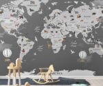 Animal World Map Wallpaper Black  Nursery Mural
