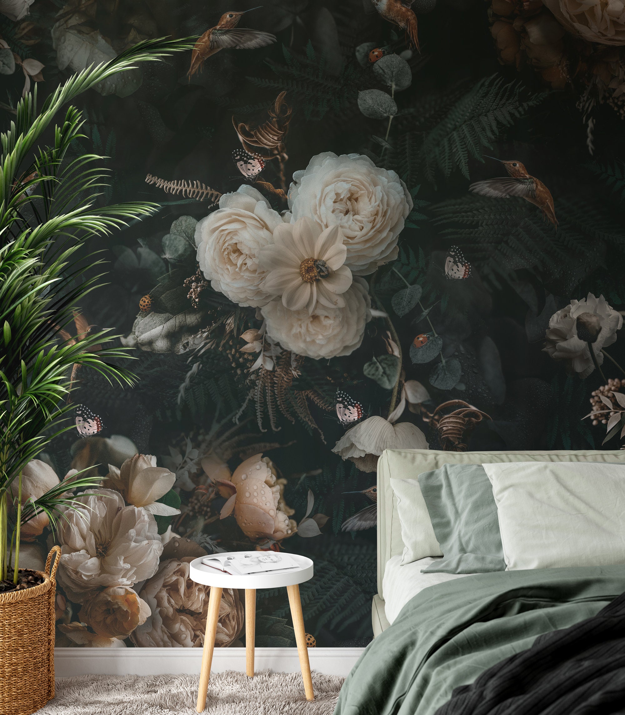 Dark Floral Mural: Tropical Peony Removable Wallpaper Dark Floral Mural: Tropical Peony Removable Wallpaper - Image 1