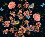 Dark floral wallpaper mural with pink roses, blossom branches, blue bird and butterflies on deep navy background.