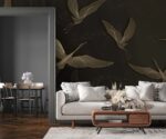 Dark Gold Crane Birds Wallpaper Vintage Chinoiserie Wall Mural - Image 3