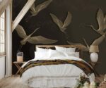 Dark Gold Crane Birds Wallpaper Vintage Chinoiserie Wall Mural - Image 2