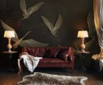 Dark Gold Crane Birds Wallpaper Vintage Chinoiserie Wall Mural