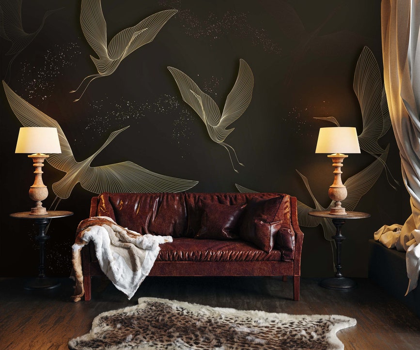 Dark Gold Crane Birds Wallpaper Vintage Chinoiserie Wall Mural Dark Gold Crane Birds Wallpaper Vintage Chinoiserie Wall Mural - Image 1