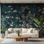 Elegant Blue Chinoiserie Cherry Blossom Bird Wall Mural: Peel & Stick Removable Wallpaper - Image 3