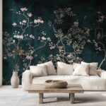 Elegant Blue Chinoiserie Cherry Blossom Bird Wall Mural: Peel & Stick Removable Wallpaper