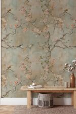 Elegant Chinoiserie Cherry Blossom Wall Mural: Soft Pastel Birds & Flowers Botanical Wallpaper