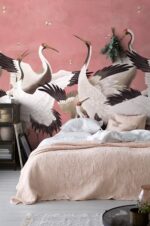Elegant Japanese Crane Wallpaper Mural:  Chinoiserie Heron Print for Tropical Home Decor