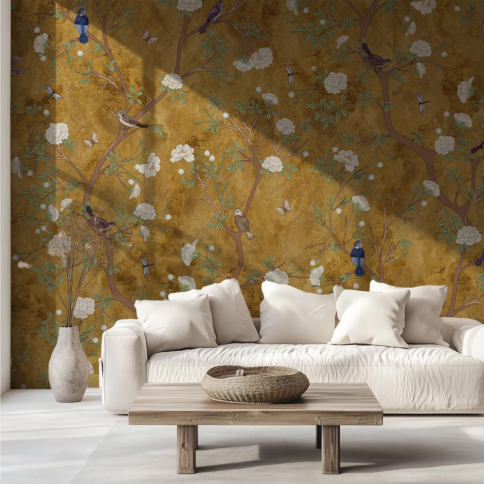 Elegant Vintage Chinoiserie  Wallpaper: Gold Birds & Botanical Mural for Home Decor - Image 2